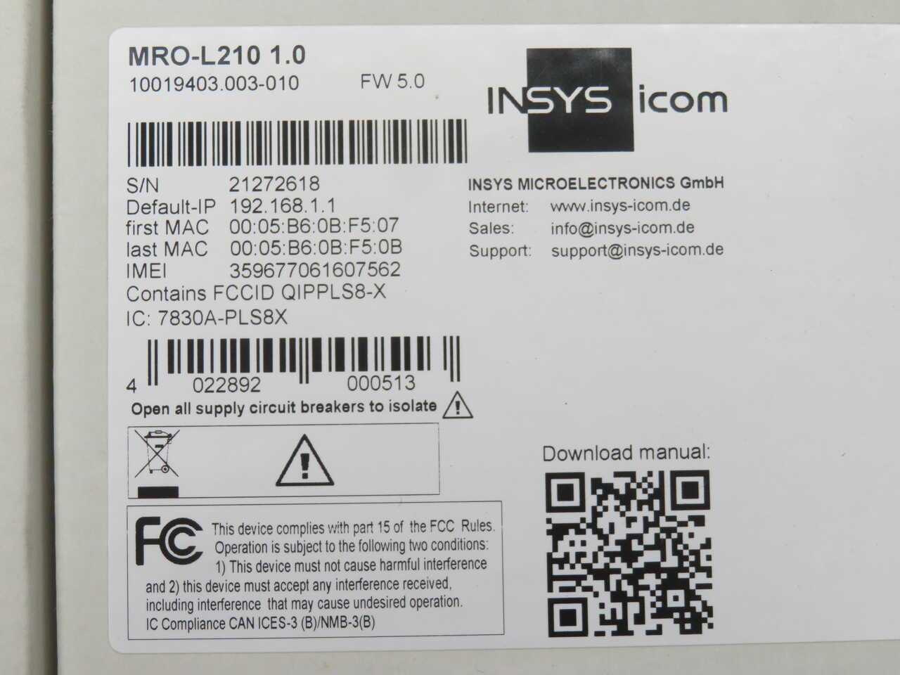 INSYS MRO-L210 1.0 INDUSTRIAL CELLULAR (LTE) ROUTER, DIN-RAIL MOUNT - INDUSTRIAL PARTS
