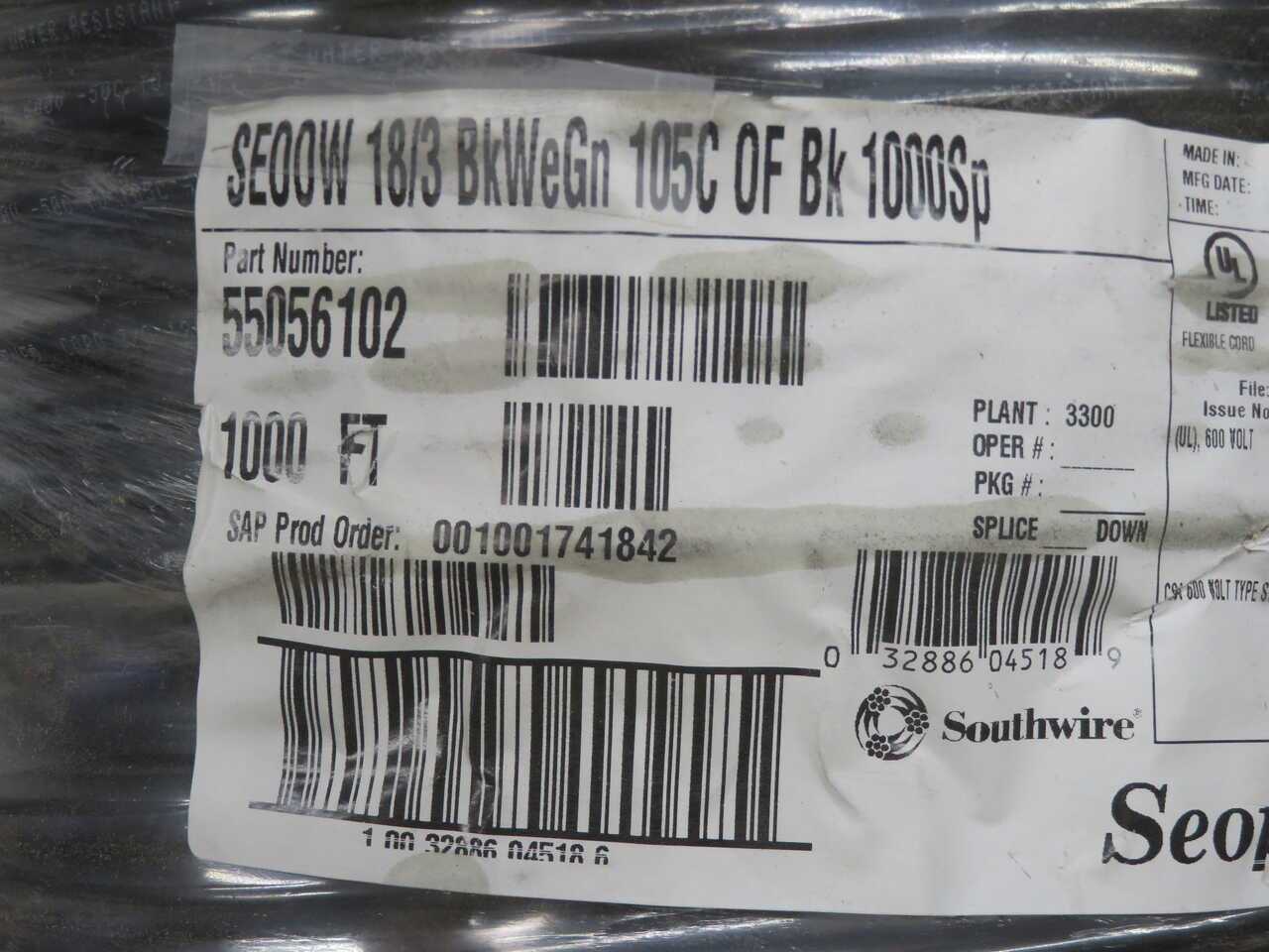 Lot Of 1000 Ft Southwire 55056102 SEOOW Power Cord - ELECTRICAL WIRE