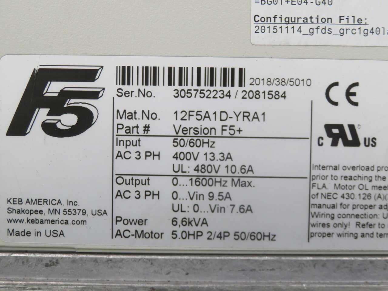 KEB 12F5A1D-YRA1 VERSION F5+ AC DRIVE T270481 - AUTOMATION & CONTROLS