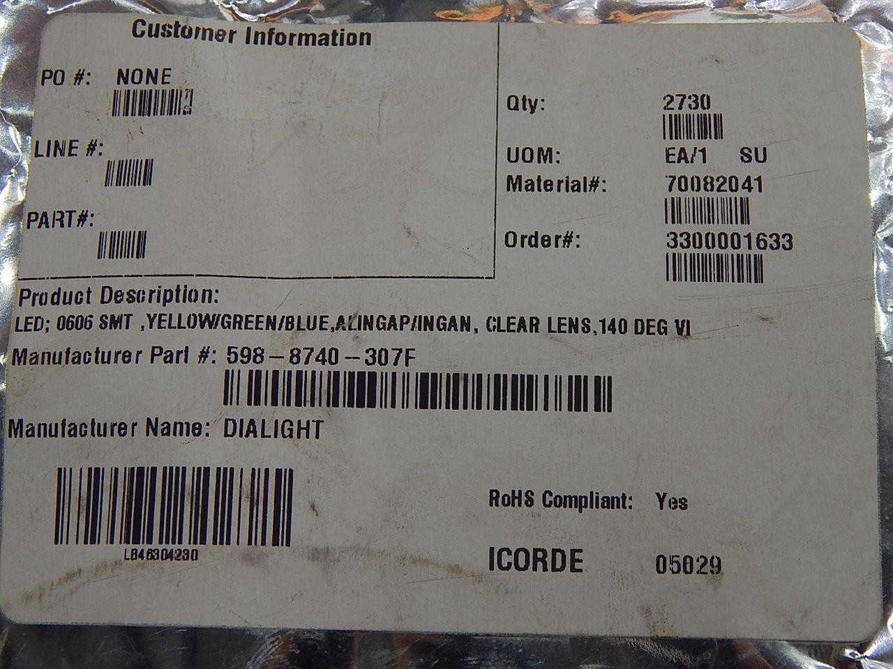 2730 Dialight 598-8740-307F Standard LEDs - SMD YGB Water Clear 150/300/140 mcd - LIGHTING
