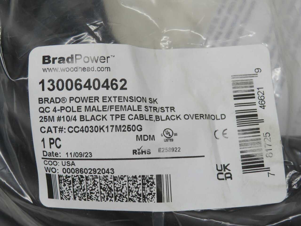 WOODHEAD 1300640462 CC4030K17M250G BRAD POWER EXTENSION SK CABLE T272343 - SERVO DRIVES