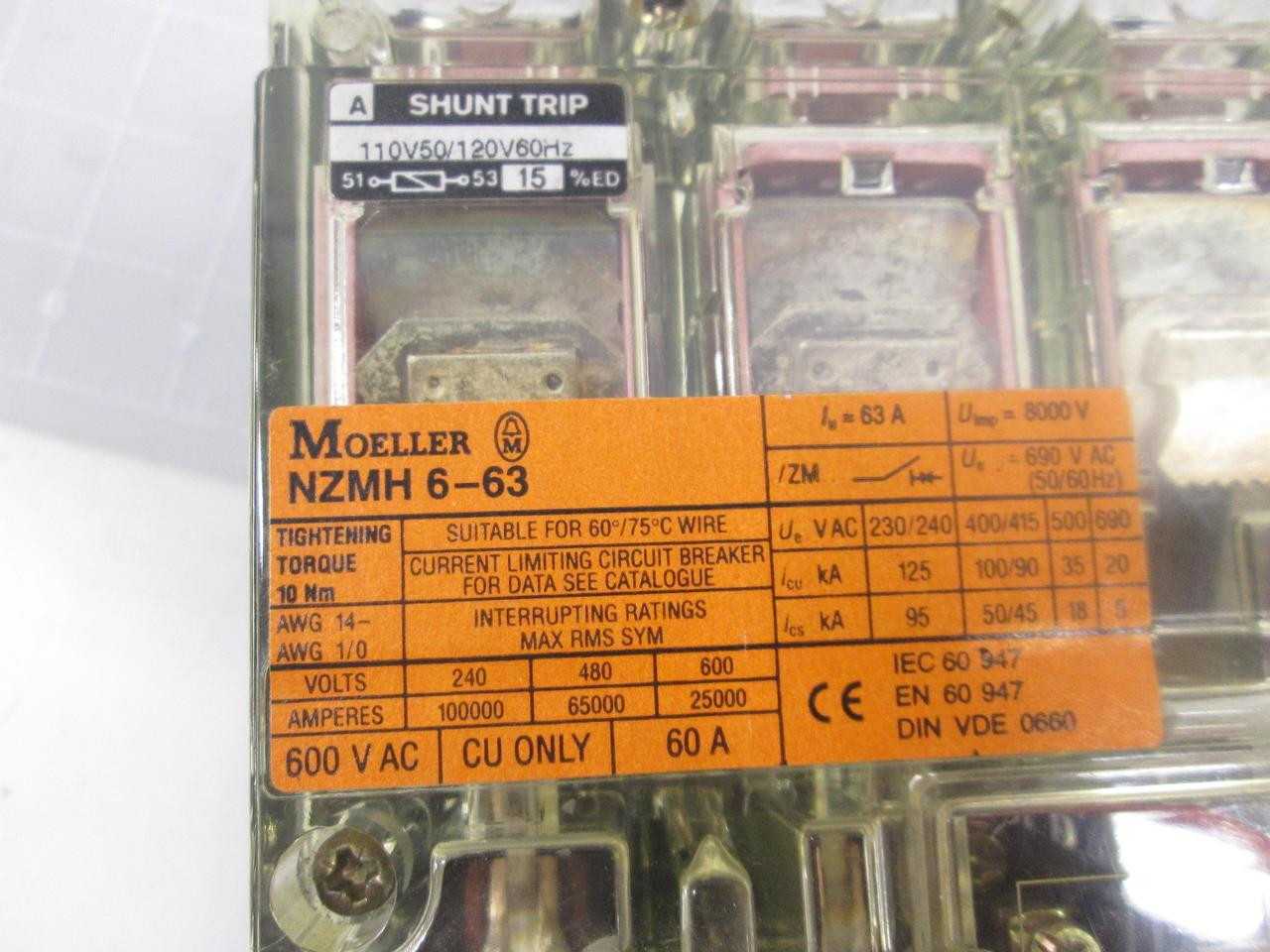 KLOCKNER MOELLER ZM6A-20-NA NZMH 6-63 60 A 600 VAC DISCONNECT SWITCH T60854 - CIRCUIT BREAKERS