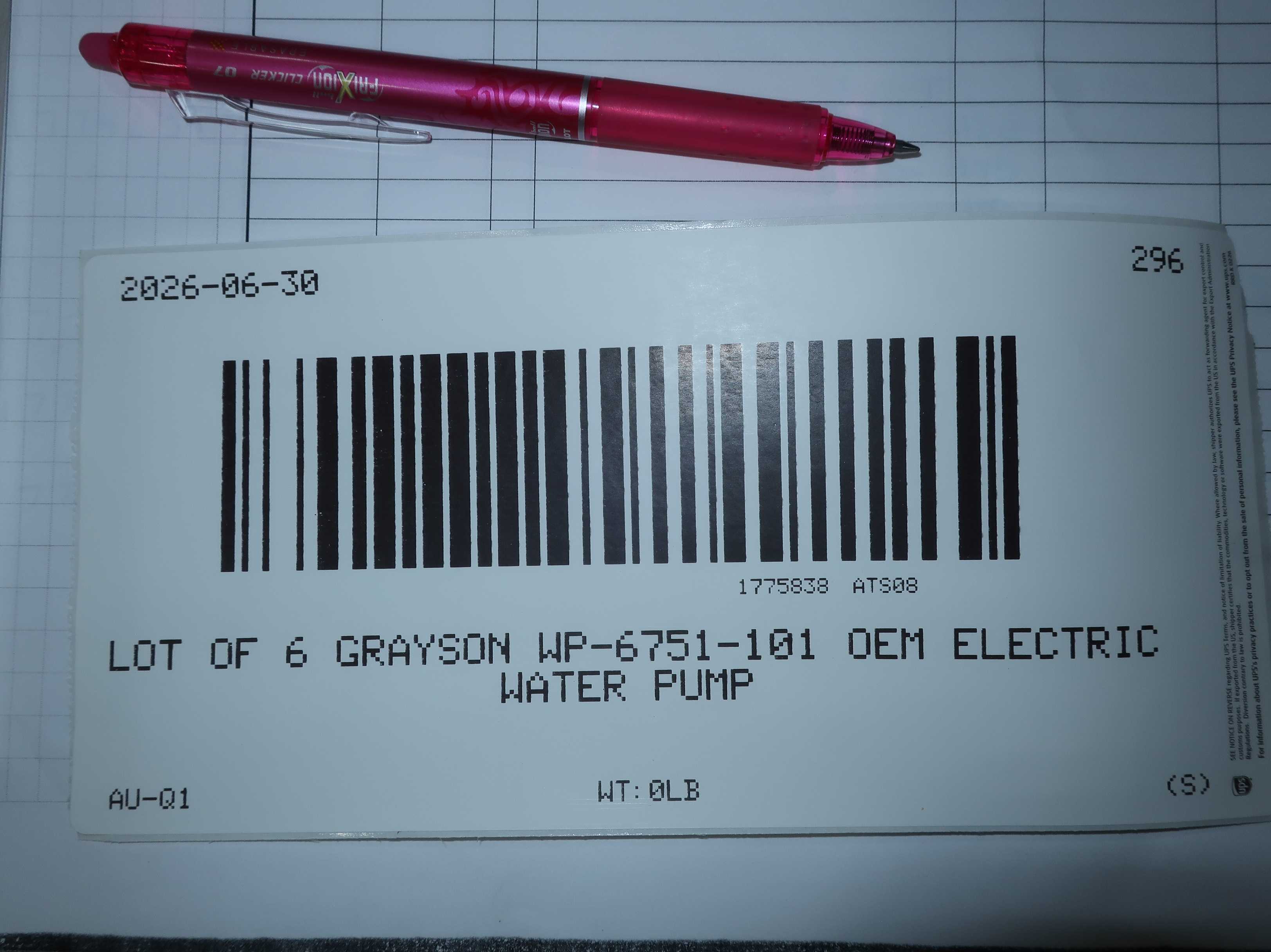 SKU 1775838 - LOT OF 6 GRAYSON WP-6751-101 OEM ELECTRIC WATER PUMPS - PUMPS