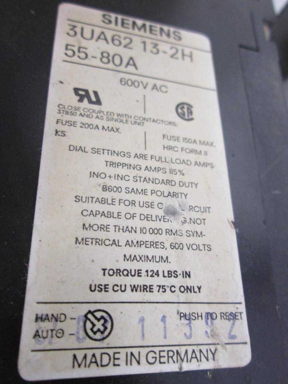 SIEMENS 3UA62 13-2H 55-80A CONTACTOR W/ OVERLOAD RELAY T59935 - CONTACTORS