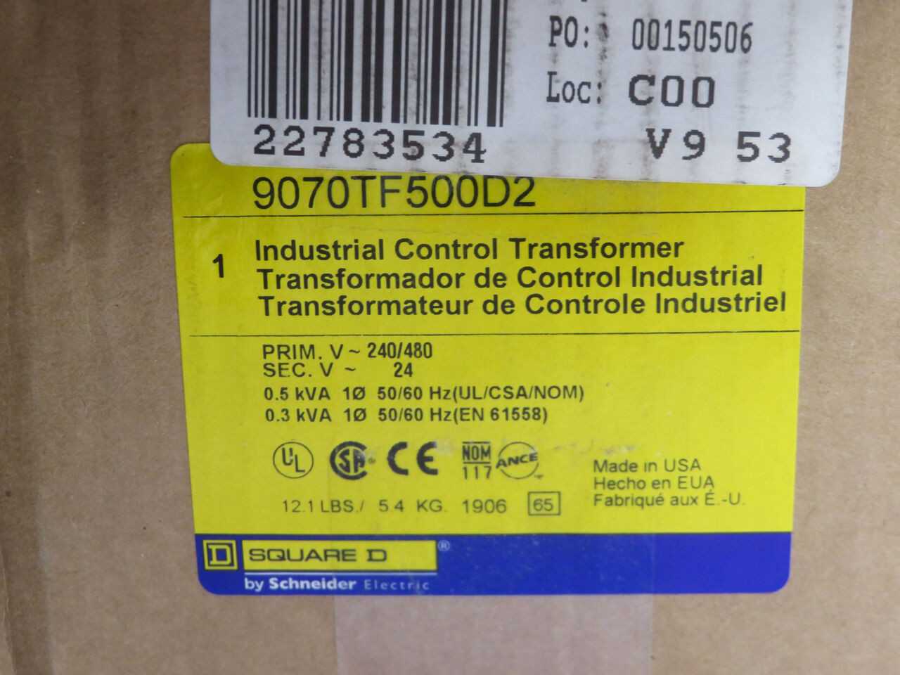 Square D 9070TF500D2 Industrial Control Transformer T245460 - CONTROL TRANSFORMERS