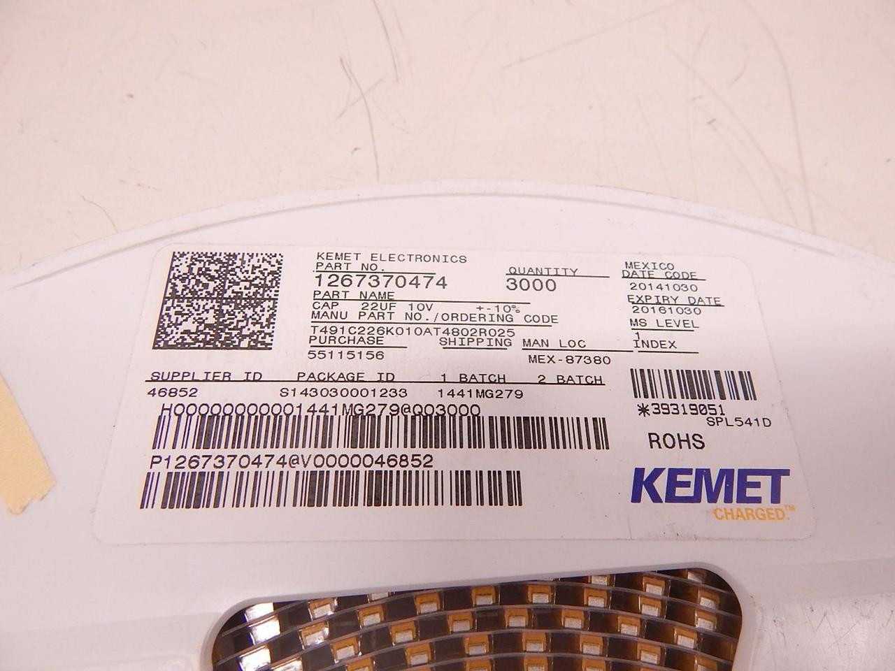 LOT OF 3000 KEMET T491C226K010AT4802R025 1267370474 TANTALUM CAPACITOR 22UF 10V 10% 2413 SMD T78887 - ELECTRICAL COMPONENTS