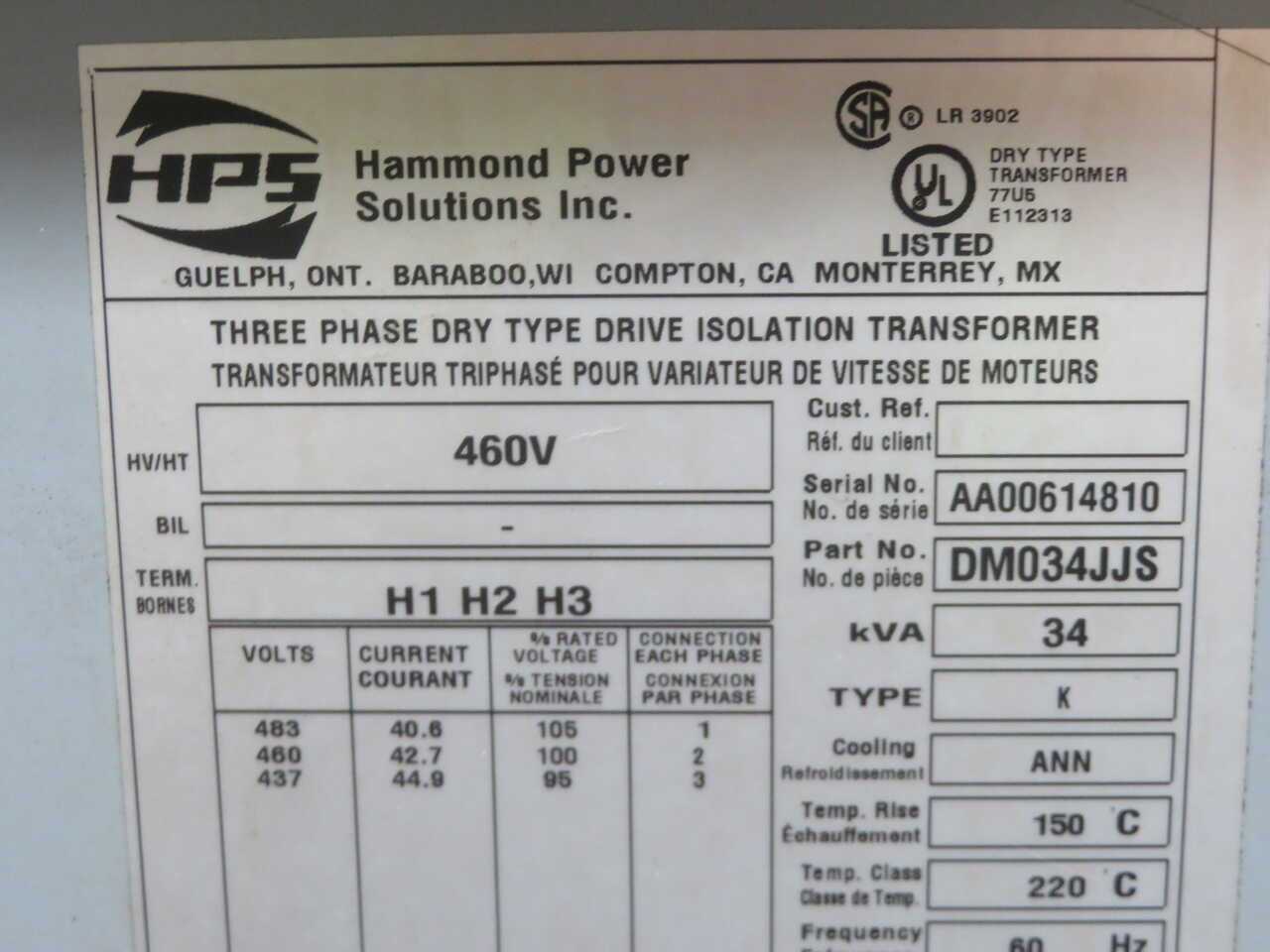 HPS DM034JJS DRY TYPE TRANSFORMER T272357 - DRY TRANSFORMERS