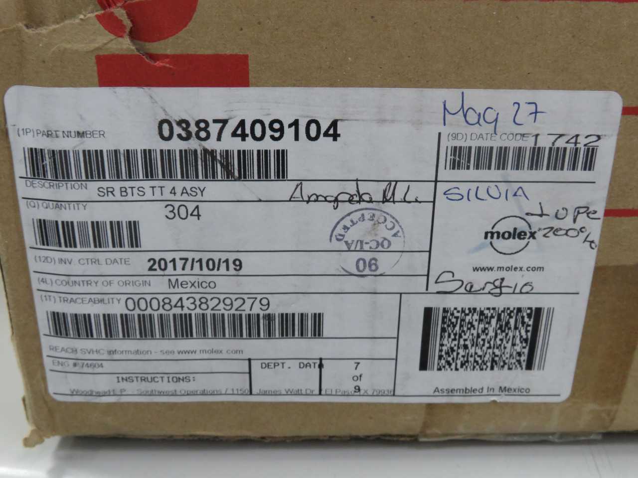 LOT OF 290 MOLEX 0387409104 CONN BARRIER STRIP 4CIRC 0.438"
T153072 - TERMINAL BLOCKS