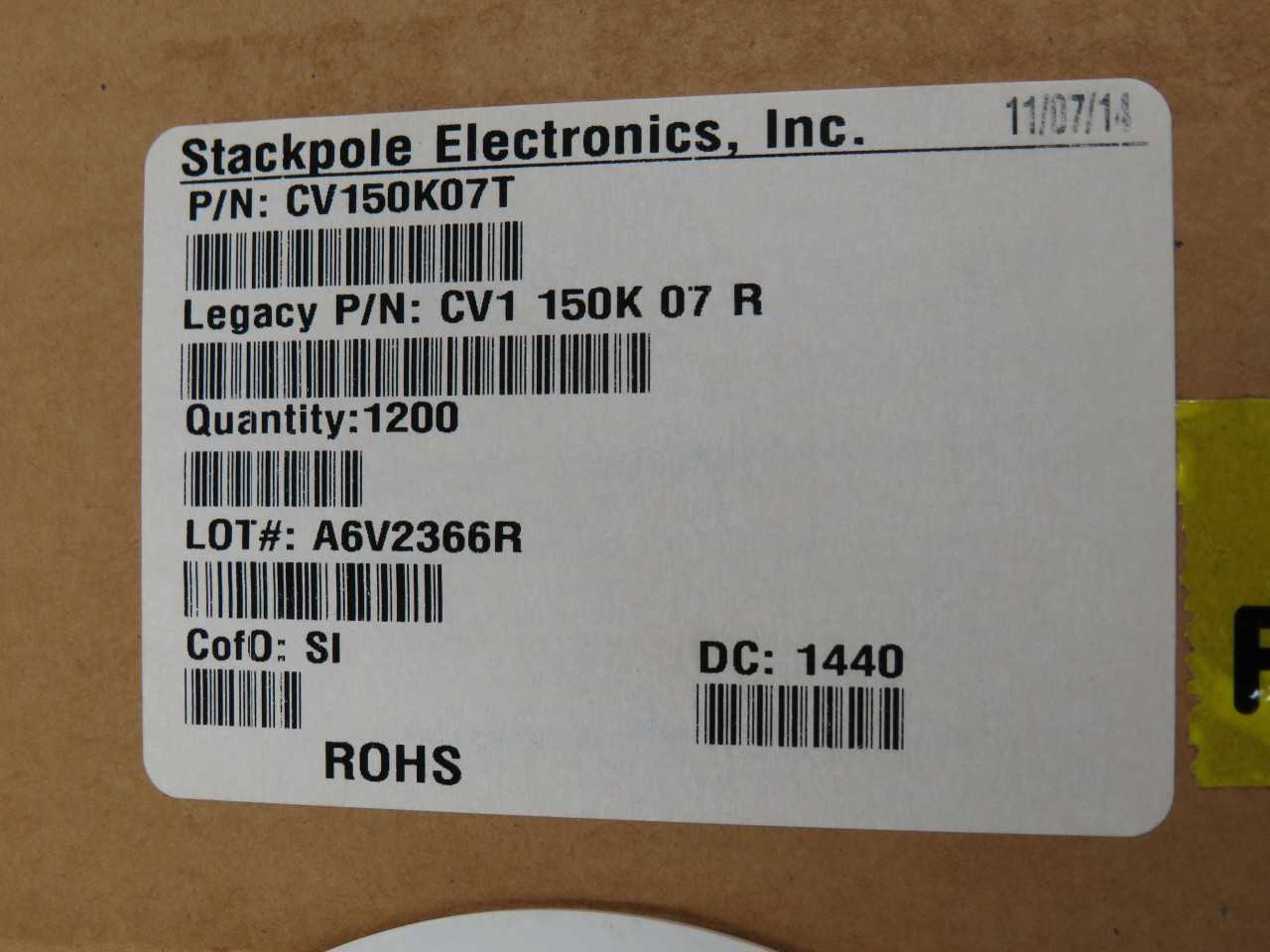LOT OF 1200 STACKPOLE ELECTRONICS CV150K07T CV1 150K 07 R VARSISTORS MOV 150VAC/200VDC 1200A 240V RA - CIRCUIT BREAKERS