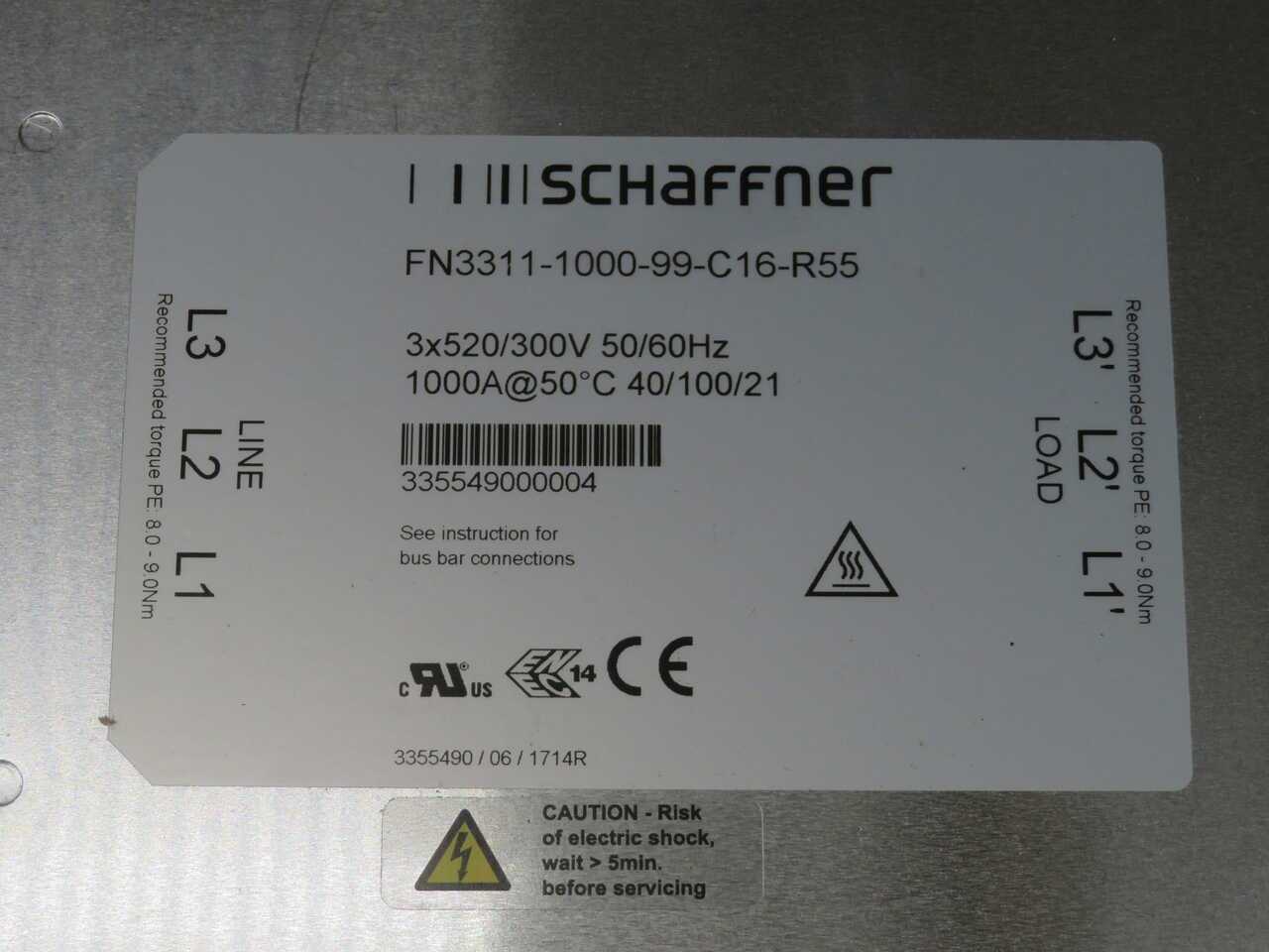 SCHAFFNER FN3311-1000-99-C16-R55 3-PHASE COMPACT POWER LINE EMC/RFI FILTER, 1000A CLASS, SCREW TERMI - LINE FILTERS