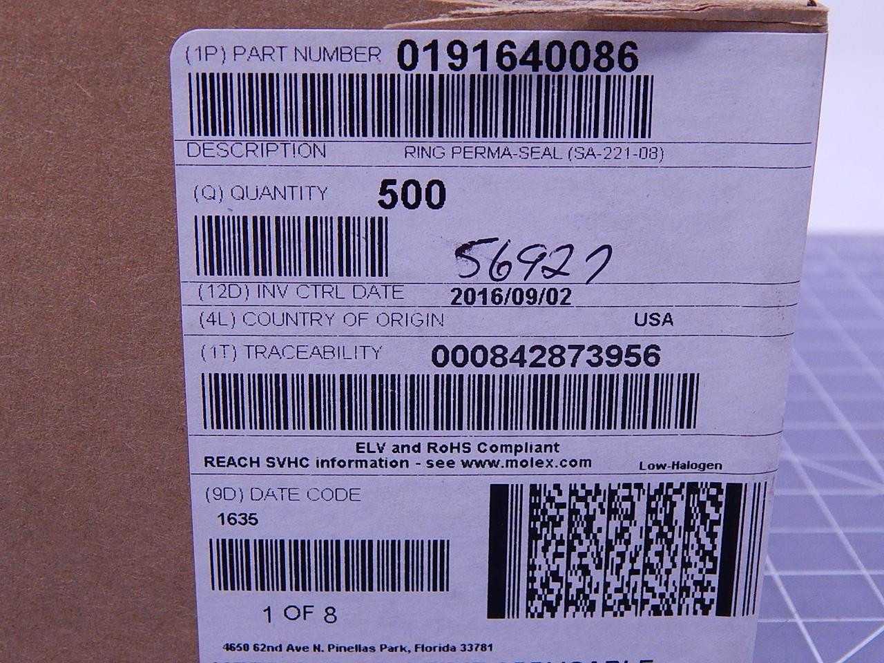 LOT OF 2000 MOLEX SA-221-08 CONN RING CIRC 18-22AWG #8 CRIMP T108379 - TERMINAL BLOCKS
