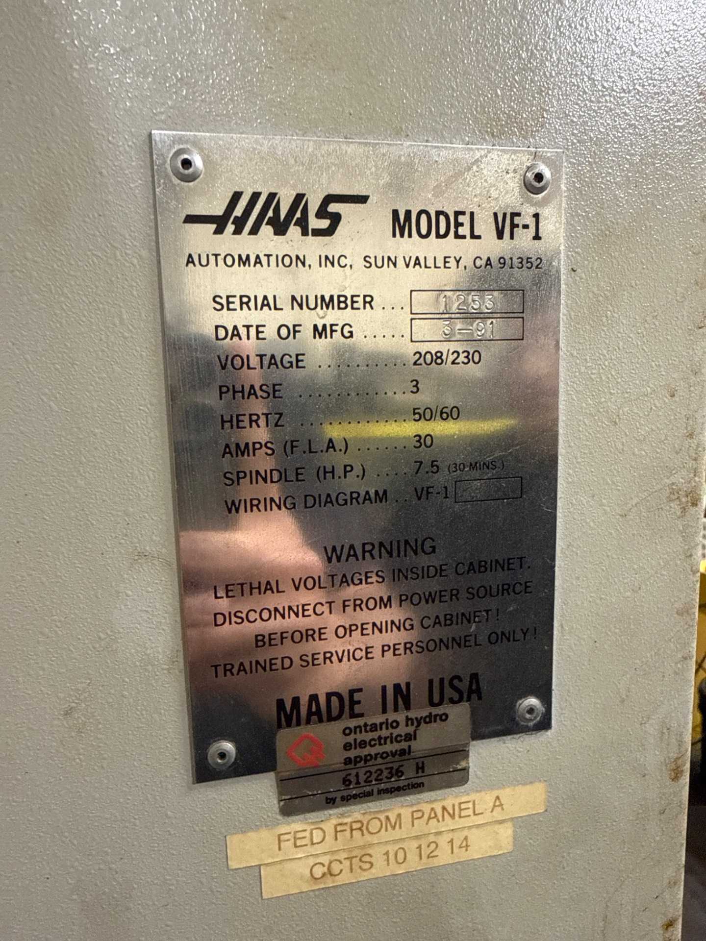 1991 Haas VF-1 Vertical Machining Center - 4 Axes, 7.5 HP, 7500 RPM, 220V - VERTICAL MACHINING CENTERS