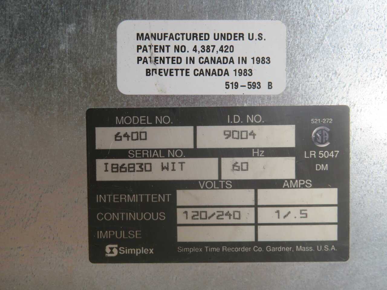 SIMPLEX 6400 TIME CONTROL CENTER, 1.5A, 120/240V, 60HZ, 6 OUTPUT CIRCUITS - AUTOMATION & CONTROLS