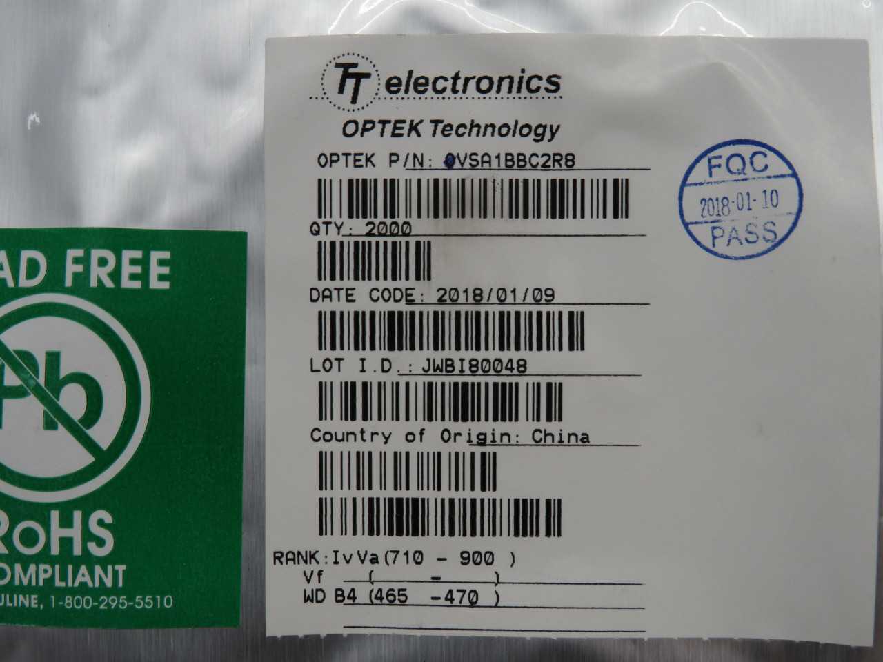 LOT OF 2000 TT ELECTRONICS OVSA1BBC2R8 STANDARD LEDS - SMD BLUE 470NM 120 DEG 550MCD 30MA 3.6VDC T17 - LIGHTING