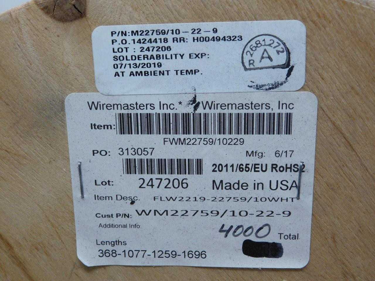 LOT OF 1000 FT WIREMASTERS M22759/10-22-9 WHITE HOOK-UP WIRE 22 AWG 1000 V 260 °C T131807 - ELECTRICAL WIRE