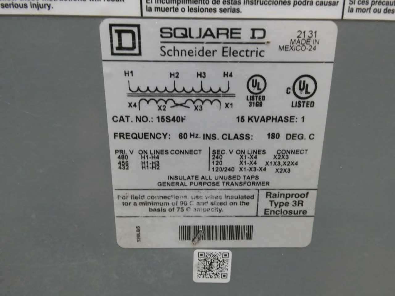 SKU 1787574 - LOT OF 1 SQUARE D 15S40F 1PH 15KVA 480V-AC 120/240V-AC VOLTAGE TRANSFORMER - POWER TRANSFORMERS