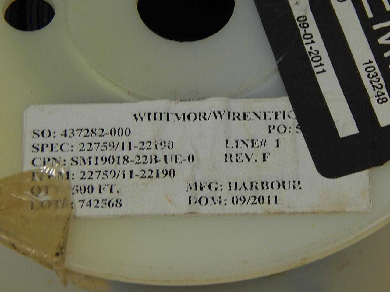 LOT OF 500 FT WHITMOR/WIRENETICS HARBOUR 22759/11-22190 SM19018-22B-UE-0 WIRE T86360 - ELECTRICAL WIRE