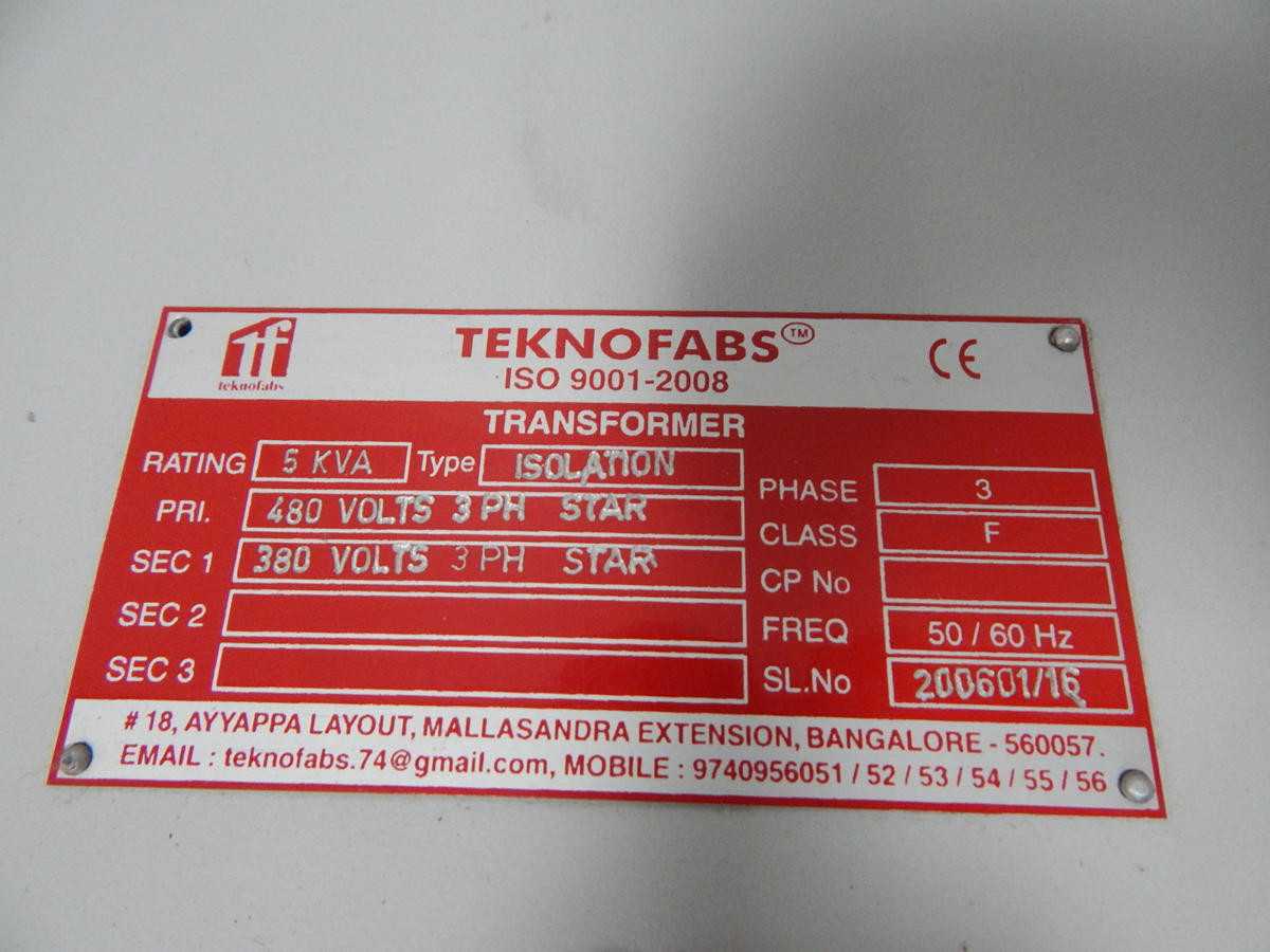 TEKNOFABS 200601/16 TRANSFORMER 480 TO 380 5 KVA M4240 - DRY TRANSFORMERS