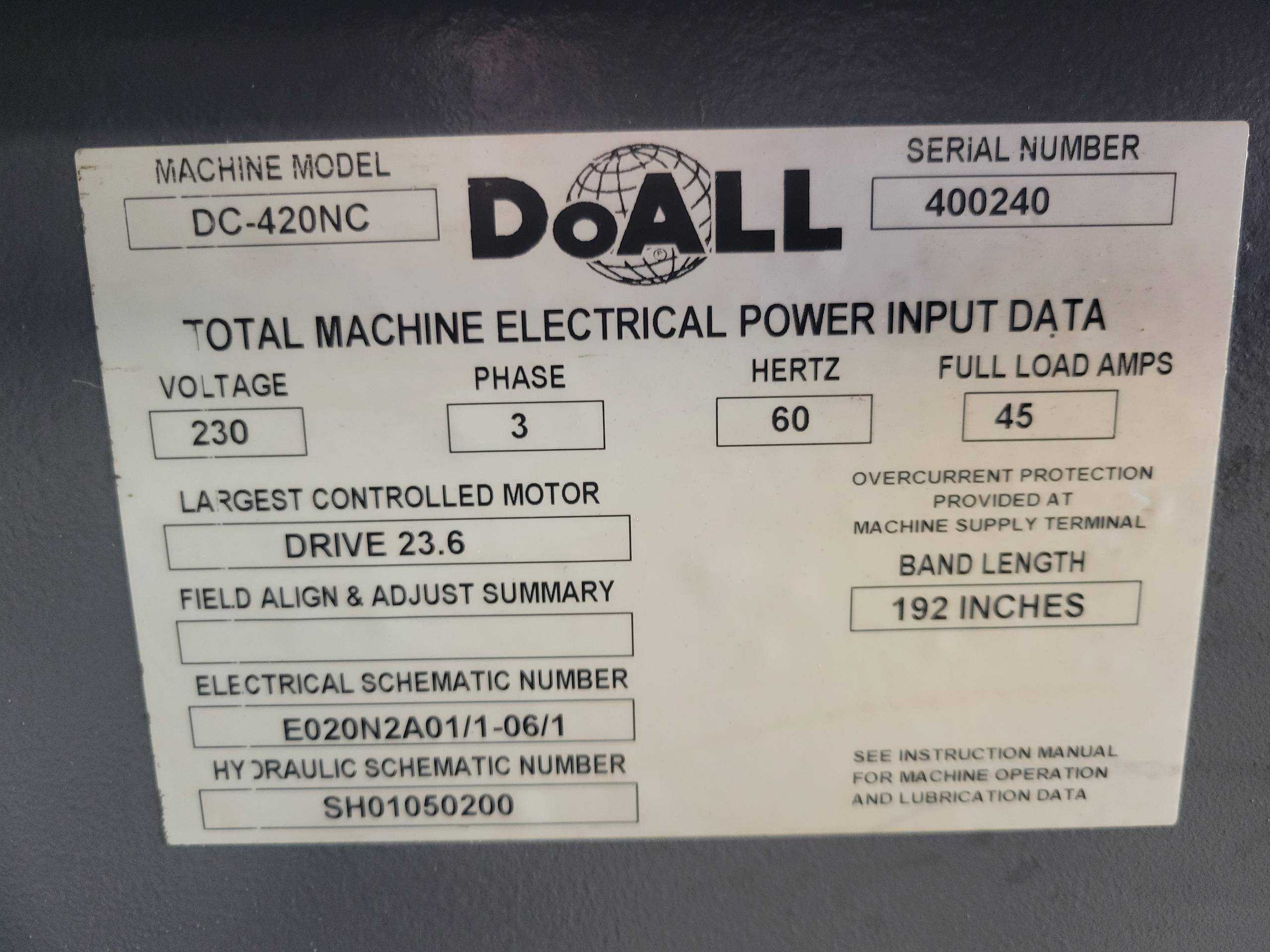 Used 2018 DoAll DC-420NC Horizontal Bandsaw Automatic, 10.10 HP, 220V, 16.5" Cutting Capacity - HORIZONTAL BAND SAWS