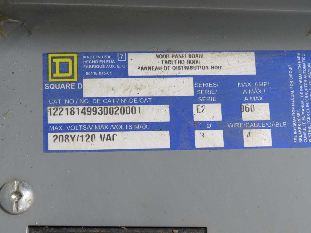 SQUARE D 12218149930020001 SURGELOGIC 3 PH 4 WIRE PANEL BOARD SER E2 208Y/120 VAC W BREAKERS T158651 - PANELBOARDS