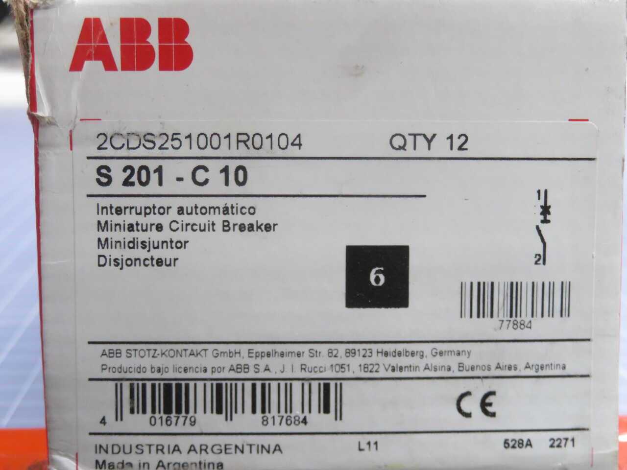 LOT OF 12 ABB 2CDS251001R0104 S201-C 10 CIRCUIT BREAKER T272228 - CIRCUIT BREAKERS