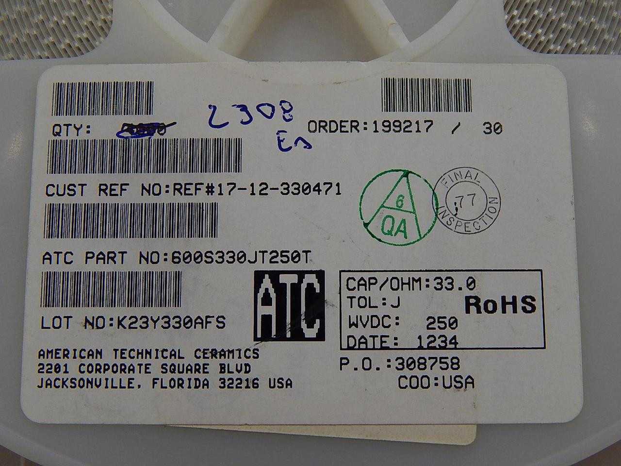 LOT OF 2308 AVX 600S330JT250T MULTILAYER CERAMIC CAPACITORS MLCC - SMD/SMT T88325 - ELECTRICAL COMPONENTS