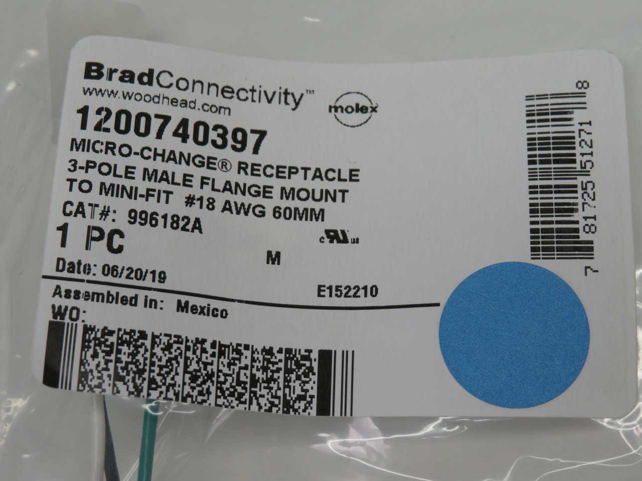 LOT OF 100 BRAD CONNECTIVITY 1200740397 996182A MICRO-CHANGE RECEPTACLE 3-POLE MALE FLANGED MOUNT TO - PLUGS & RECEPTACLES