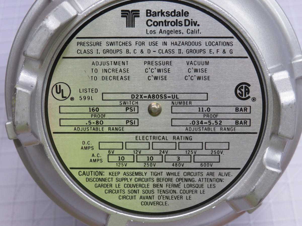 BARKSDALE D2X-A80SS-UL PRESSURE SWITCH T210428 - SWITCHES
