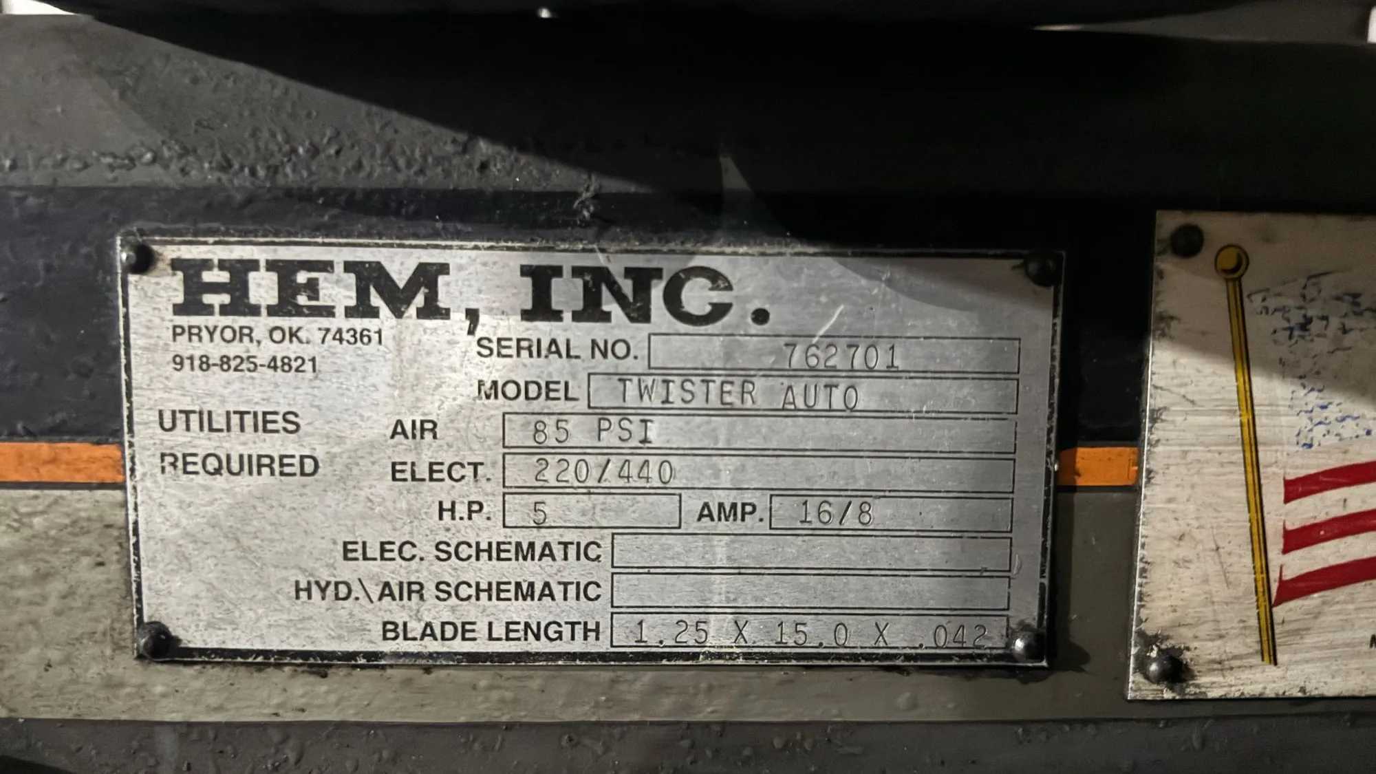 2001 Hem Twister Auto 14" X 20" Mitering Bandsaw, 5 HP, Automatic Feed, Hydraulic Clamping - HORIZONTAL BAND SAWS