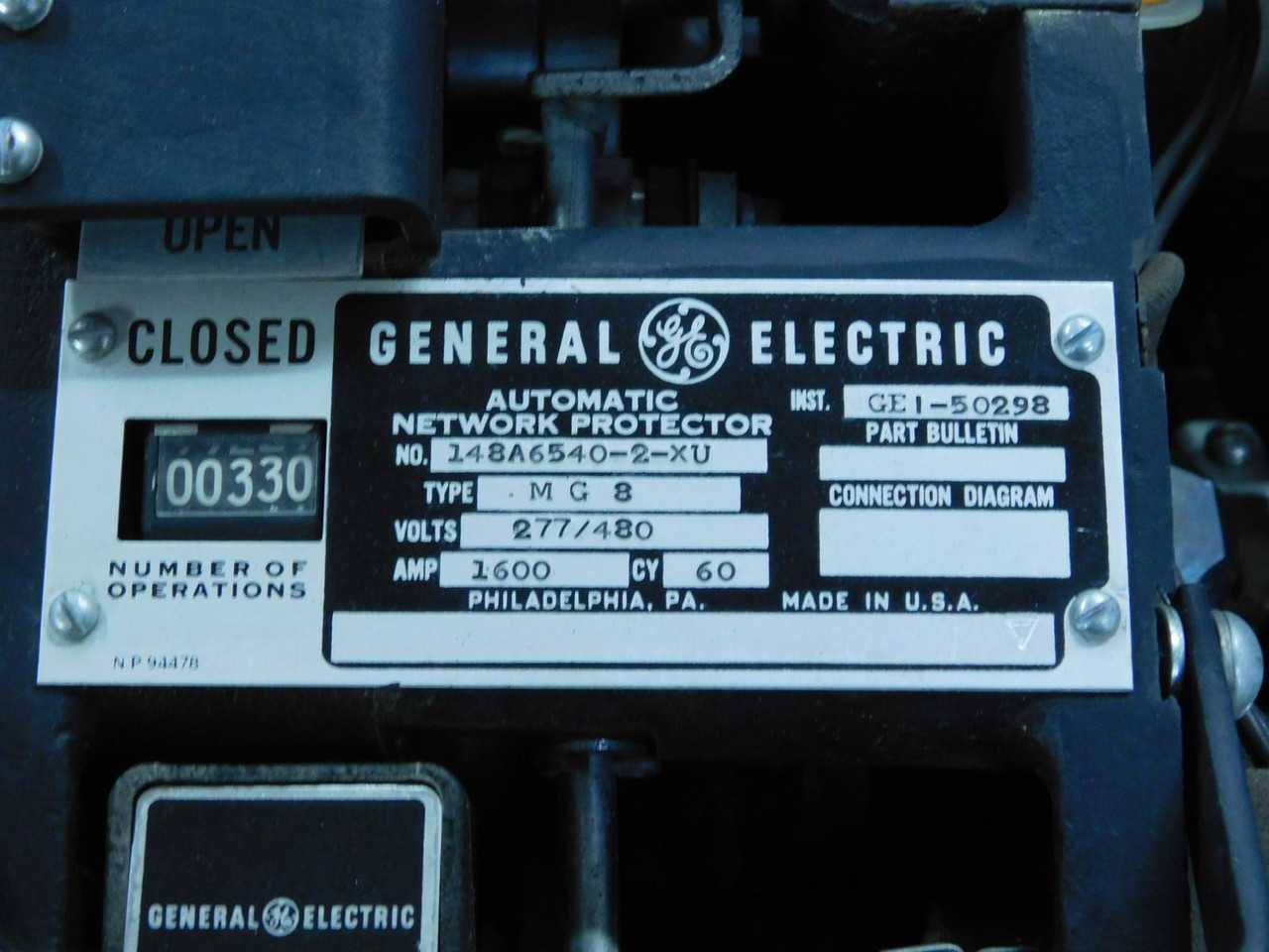 GE 148A6540-2-XU AUTOMATIC NETWORK PROTECTOR 1600 AMP TYPE MG8 T148050 - PROTECTION RELAY