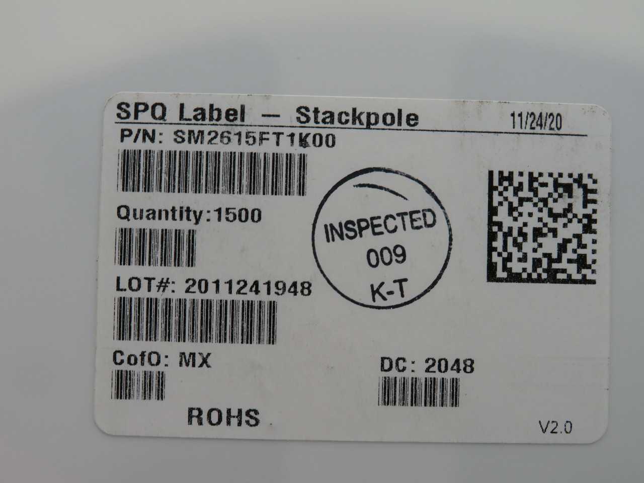 LOT OF 1500 STACKPOLE ELECTRONICS SM2615FT1K00 ±1% 1W CHIP RESISTOR 2615 J-LEAD MOISTURE RESISTANT T - ELECTRICAL COMPONENTS