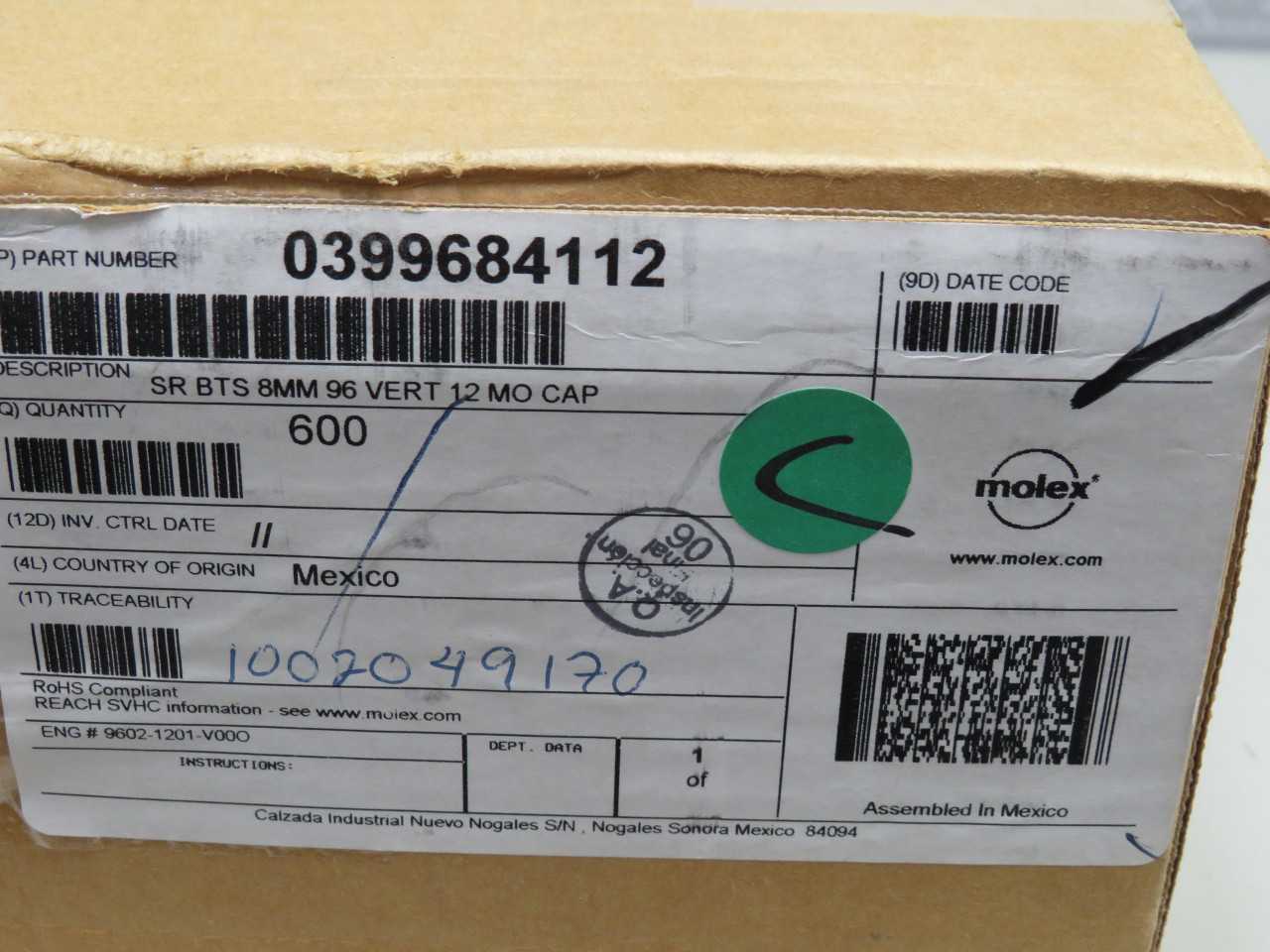 Lot Of 600 Molex 0399684112 SR BTS 8Mm 96 Vertical 12 Mo Cap Terminal Blocks T165307 - TERMINAL BLOCKS