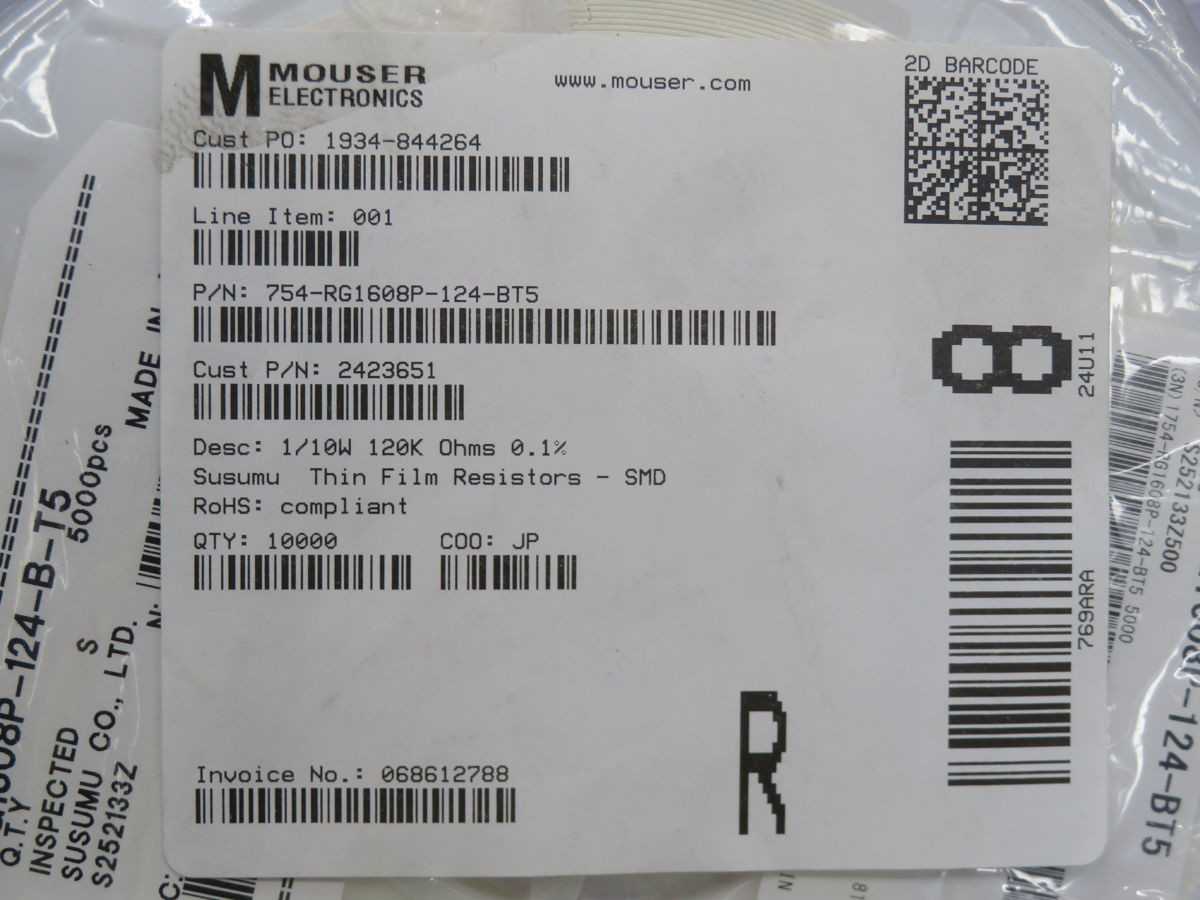 LOT OF 10000 SUSUMU 754-RG1608P-124-BT5 THIN FILM RESISTORS T246020 - ELECTRICAL COMPONENTS