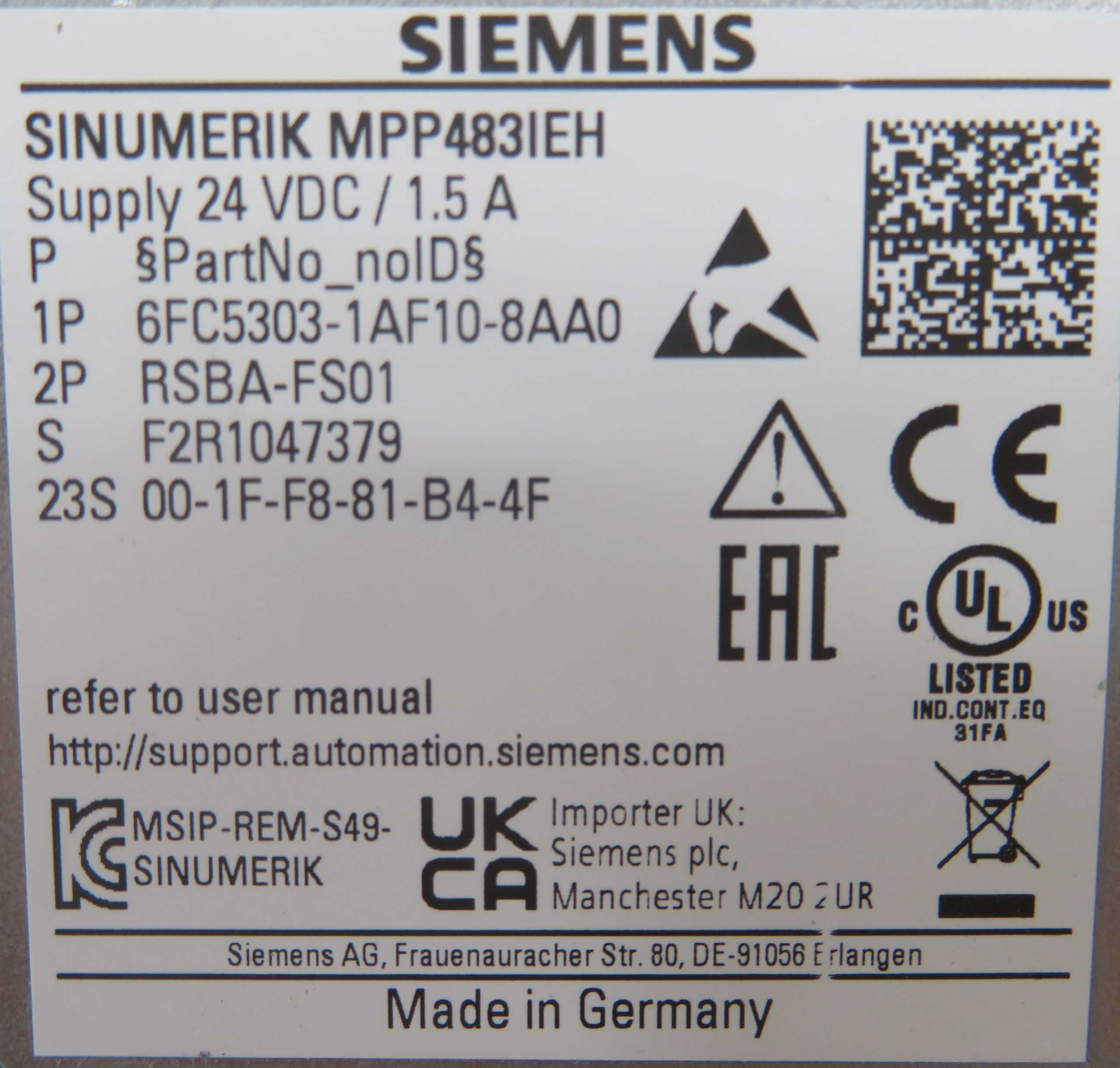 SIEMENS 6FC5303-1AF10-8AA0 SINUMERIK MPP483IEH PUSH BUTTON PANEL - HMIS & DISPLAYS