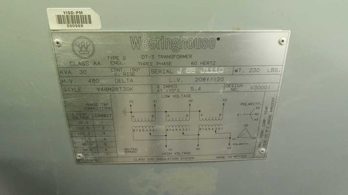 WESTINGHOUSE V48M28T30K DT-3 TRANSFORMER 3 PHASE 30 KVA M2344 - DRY TRANSFORMERS