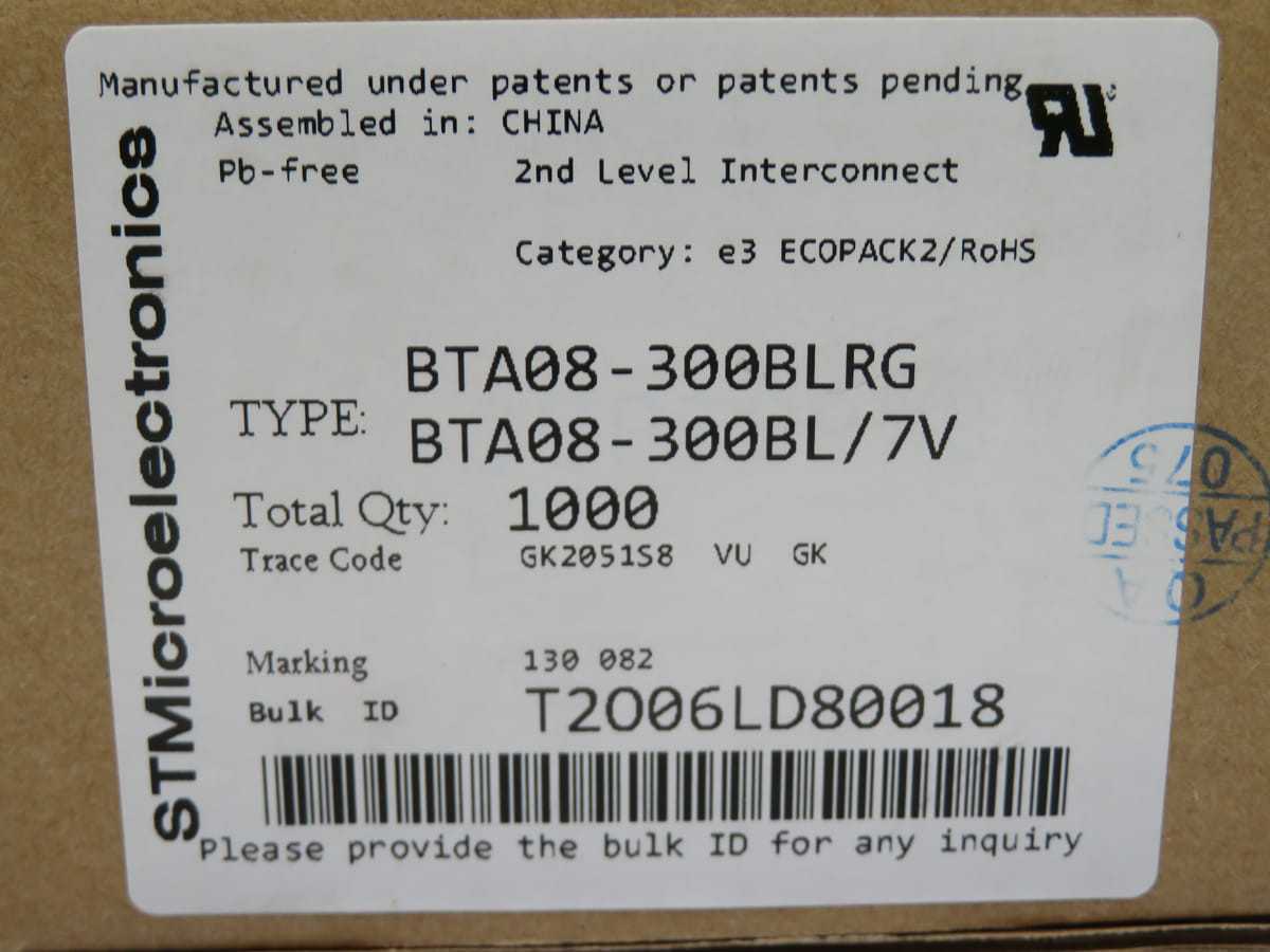 Lot Of 1000 STMicroelectronics BTA08-300BLRG T-Series Triac T196497 - ELECTRONIC COMPONENTS
