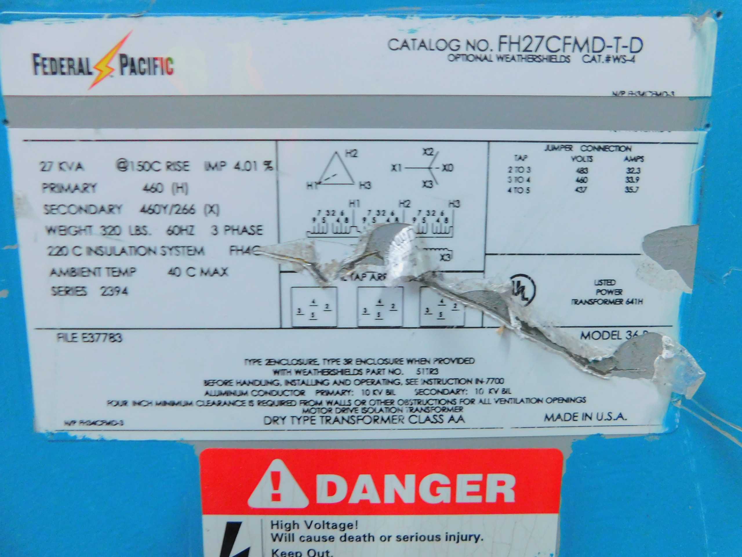 FEDERAL PACIFIC FH27CFMD-T-D DRY TYPE TRANSFORMER 27 KVA, PRI.460,SEC.460Y/266 - DRY TRANSFORMERS