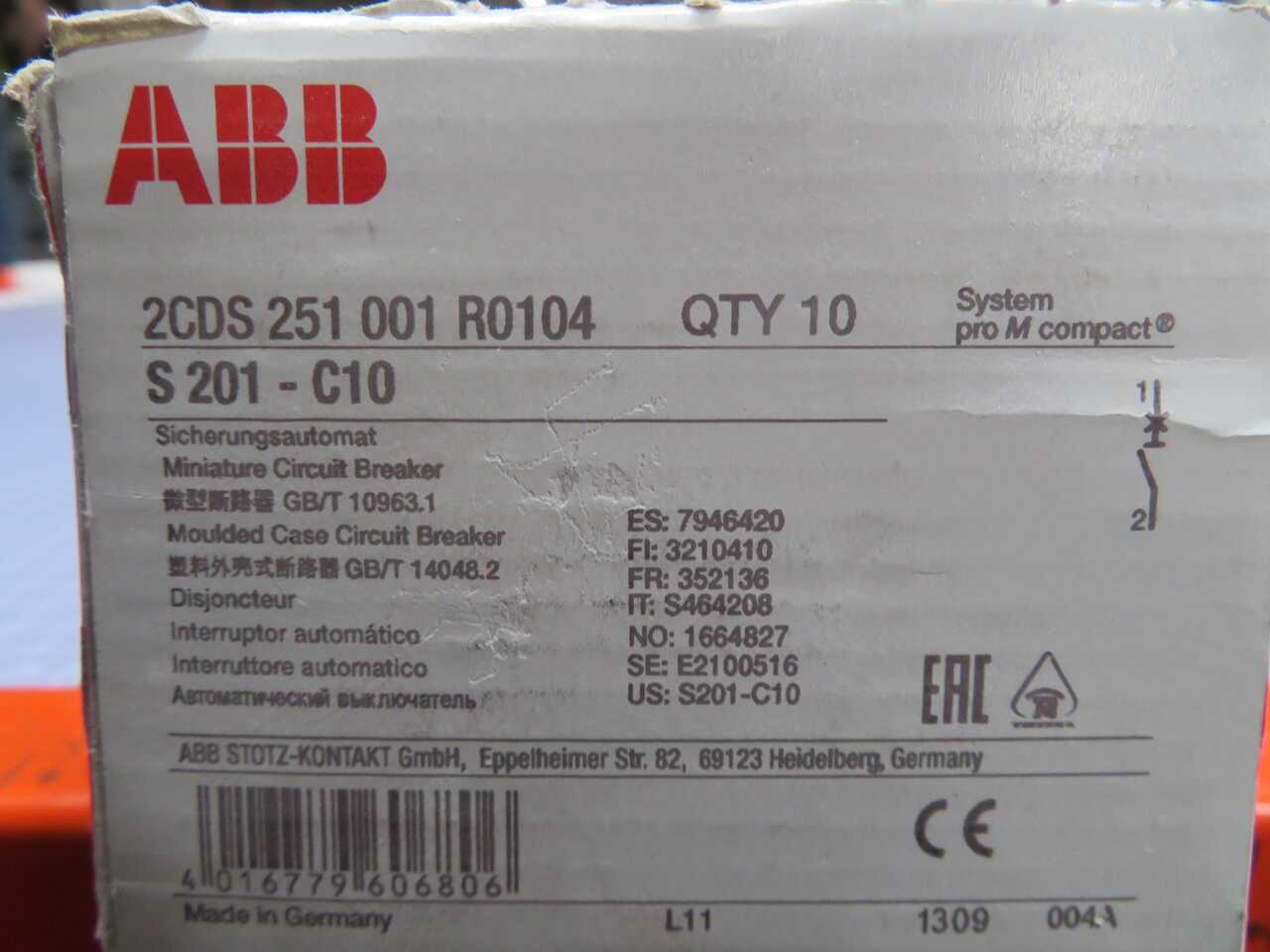 LOT OF 10 ABB 2CDS 251 001 R0104 S201-C10 CIRCUIT BREAKER T272229 - CIRCUIT BREAKERS