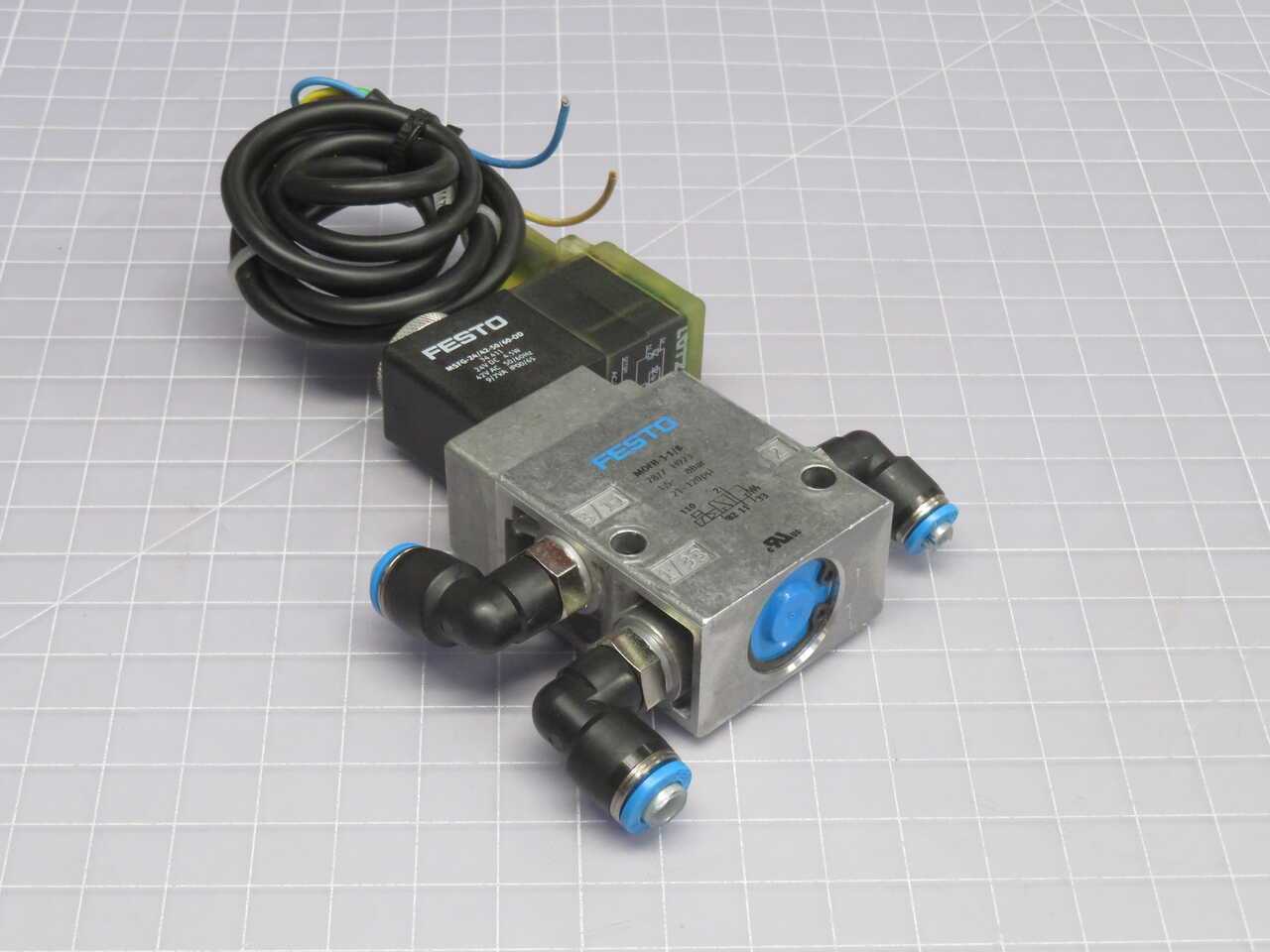 Lot Of 4 Festo M0FH-3-1/8 Pneumatic Solenoid Air Valves With 24VDC Solenoid Coil - SOLENOID VALVE