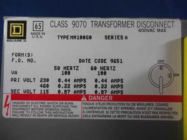 Square D MN100G0 Class 9070 Transformer Disconnect 600VAC Max - DRY TRANSFORMERS