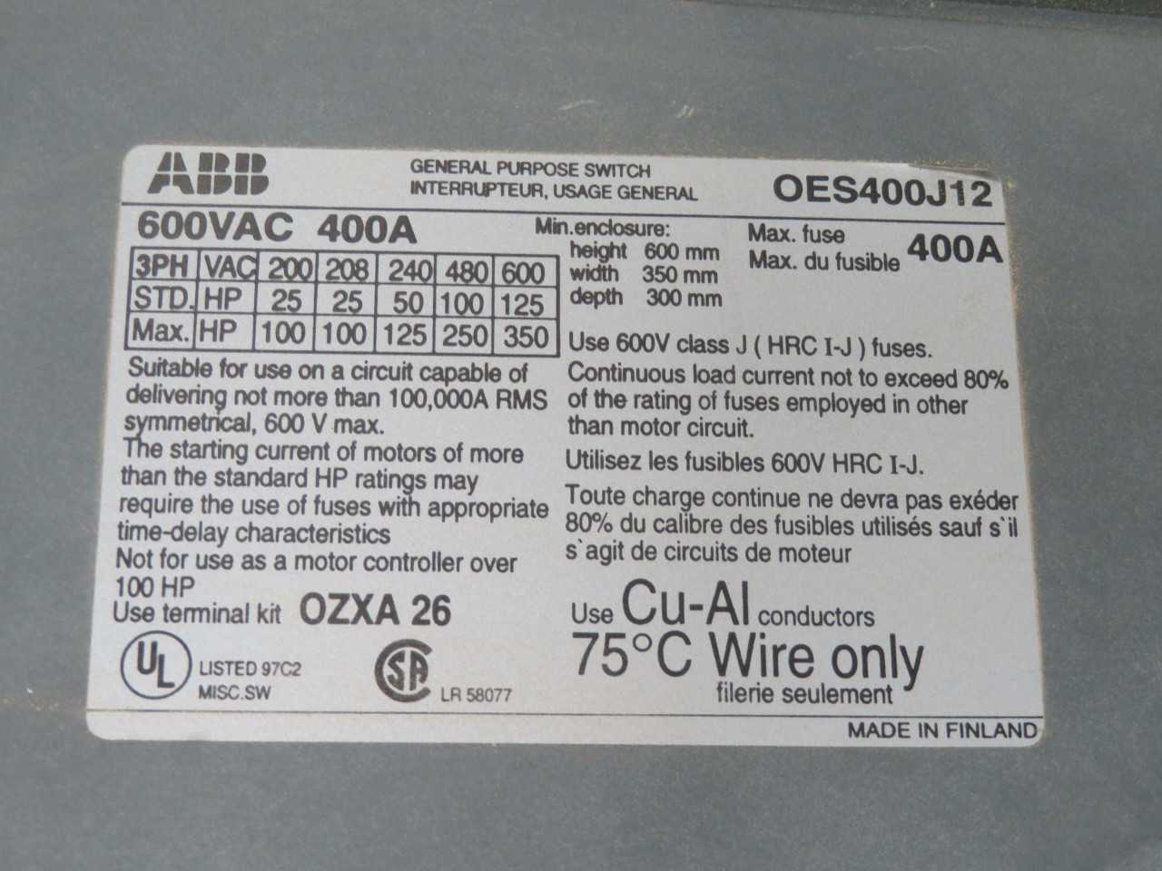 ABB OES400J12 GENERAL PURPOSE SWITCH 600VAC 400A 350 HP T190746 - DISCONNECT SWITCHES
