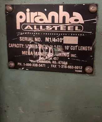 1999 PIRANHA M1/4-10 HYDRAULIC SHEAR 10' X 1/4" 20HP - HIGH PERFORMANCE! - SWING BEAM SHEARS
