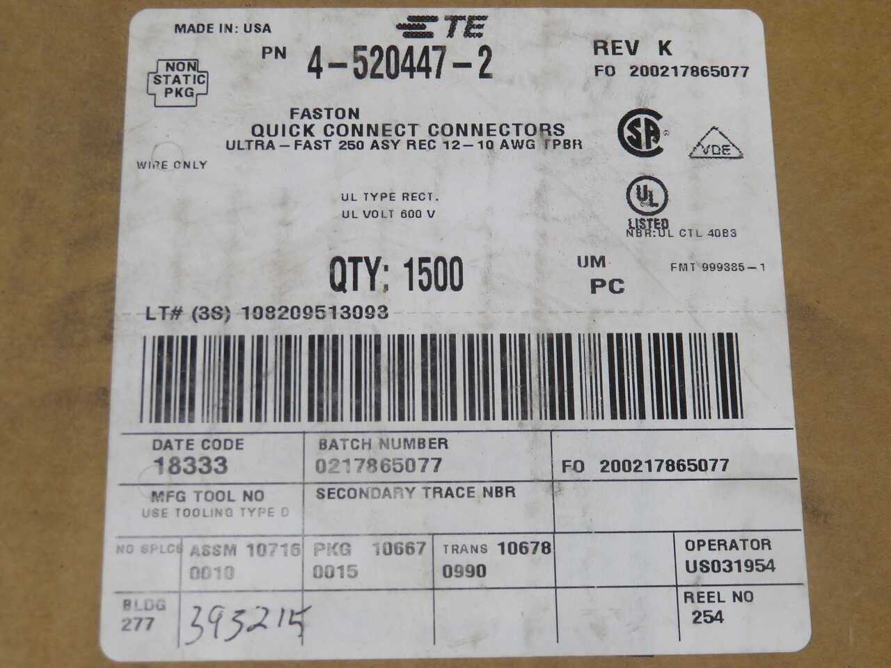 LOT OF 1250 TE CONNECTIVITY 4-520447-2 A27831TR-ND QUICK DISCONNECT RECEPTACLES T271167 - TELECOMMUNICATION