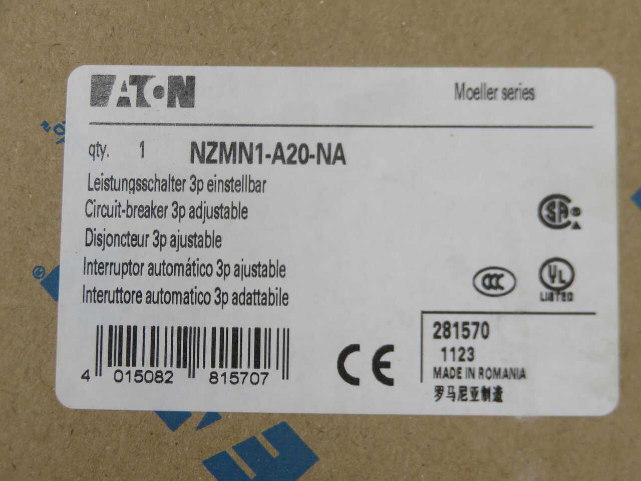 EATON NZMN1-A20-NA 281570 3-POLE MOLDED CASE CIRCUIT BREAKER, 20A, 50KA, THERMAL-MAGNETIC - CIRCUIT BREAKERS