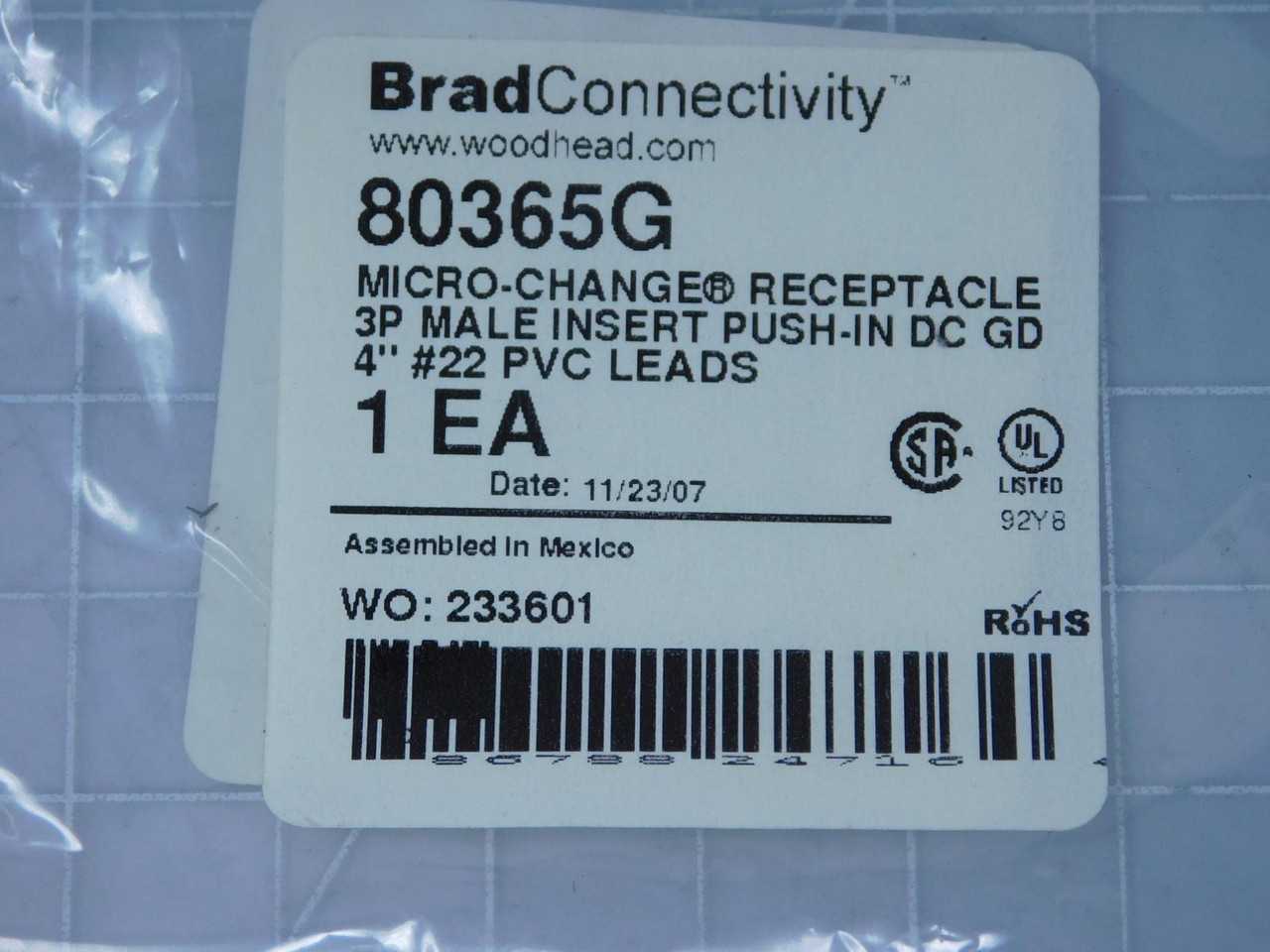 LOT OF 145 WOODHEAD 80365G MICRO-CHANGE RECEPTACLE 3 P MALE INSERT PUSH-IN DC GD 4 FT #22 PVC LEADS - PLUGS & RECEPTACLES
