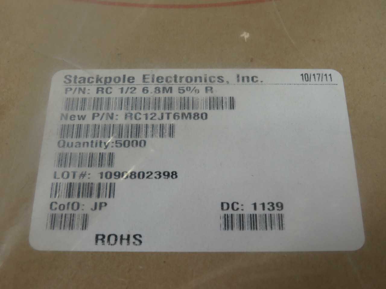 Lot Of 5000 Stackpole Electronics RC12JT6M80 6.8M 5% 0.5W Through Hole Resistors - ELECTRICAL COMPONENTS
