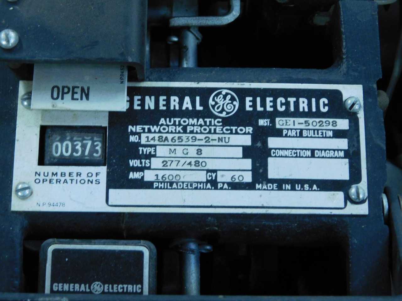 GE 148A6539-2-NU AUTOMATIC NETWORK PROTECTOR 1600 AMP TYPE MG8 T148052 - PROTECTION RELAY