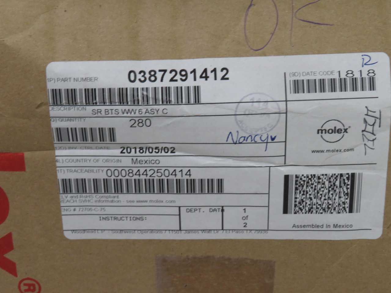 LOT OF 270 MOLEX 0387291412 SR BTS WW 6 ASY C
T153096 - TERMINAL BLOCKS