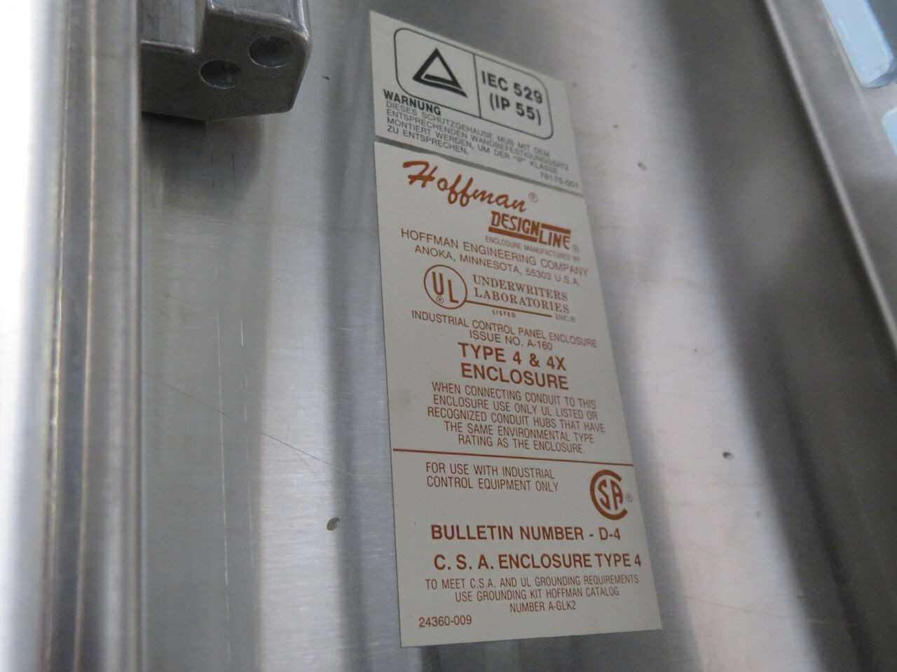 HOFFMAN D-4 A-160 SS INDUSTRIAL CONTROL PANEL ENCLOSURE T243690 - ELECTRICAL ENCLOSURES