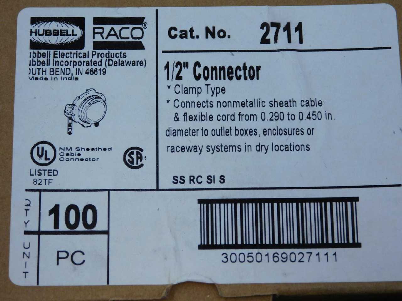 LOT OF 1000 HUBBELL 2711 1/2 IN NONMETALLIC KO SHEATHED CABLE CONNECTOR T140439 - CONDUIT